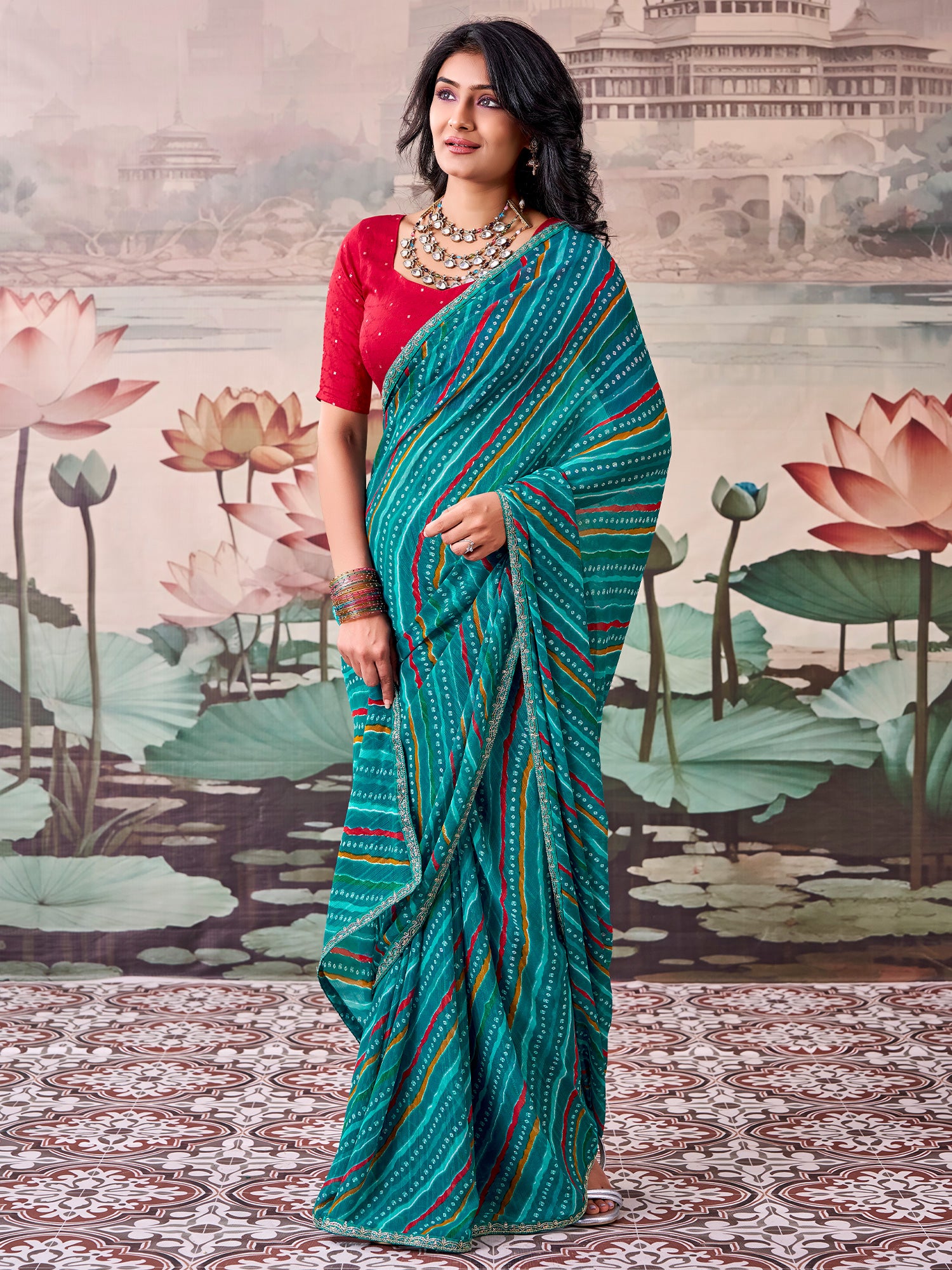 Teal Green Georgette saree – detail view 1