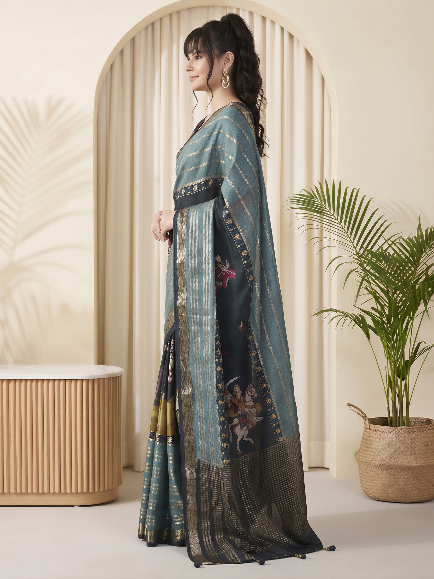 Teal Blue Viscose Silk saree – detail view 2