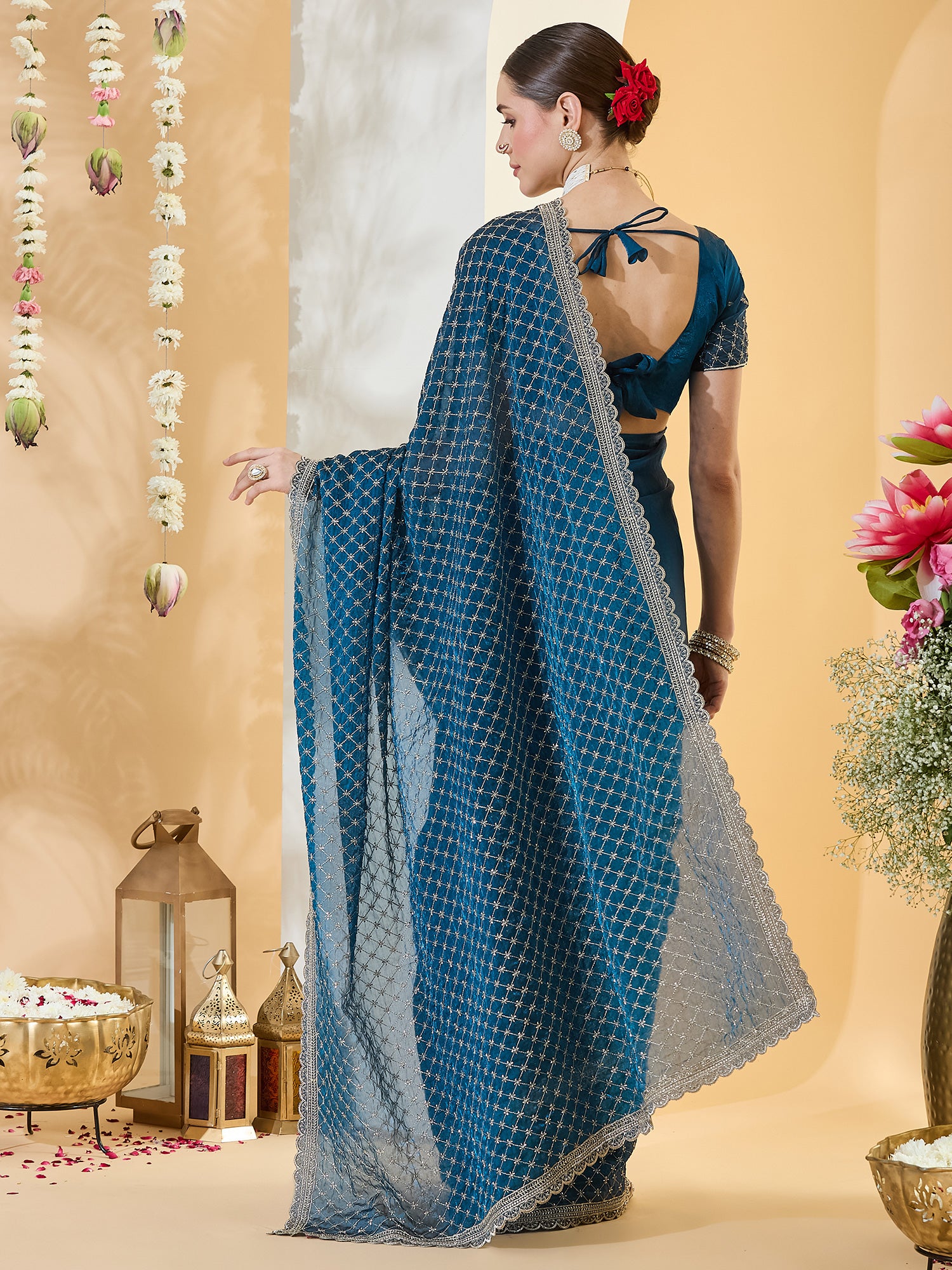 Teal Blue Satin saree – detail view 1