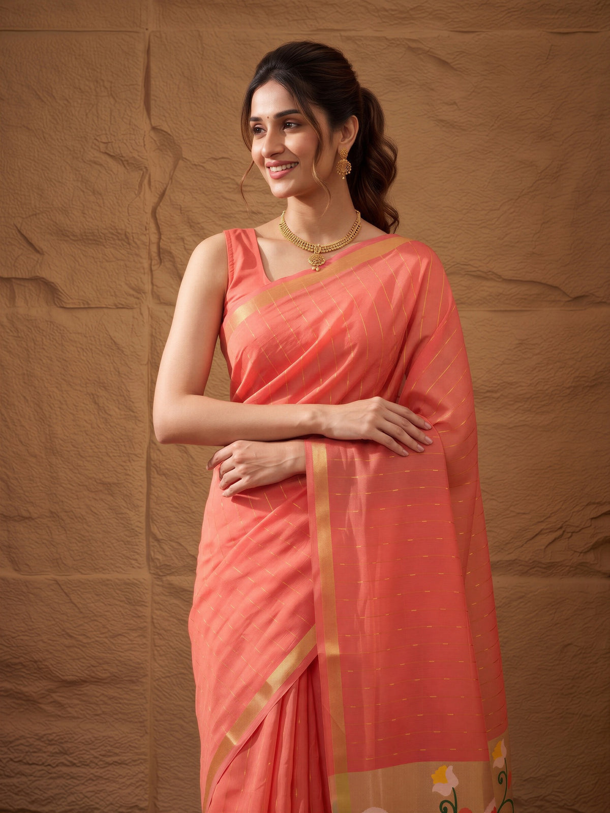Peach silk blend saree view 1