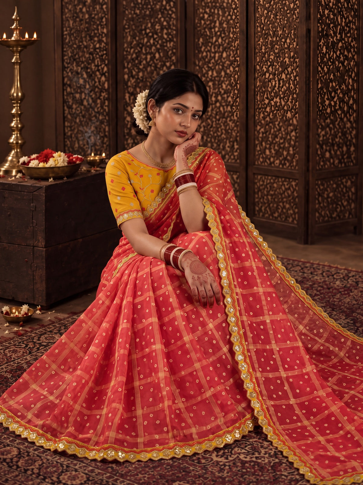 Red Viscose saree – detail view 2
