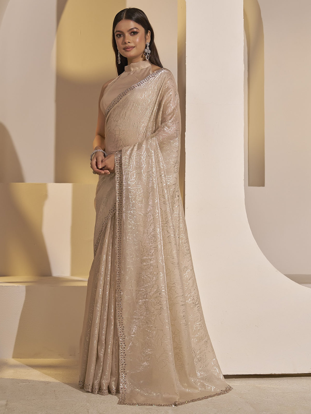 Beige satin silk saree view 1
