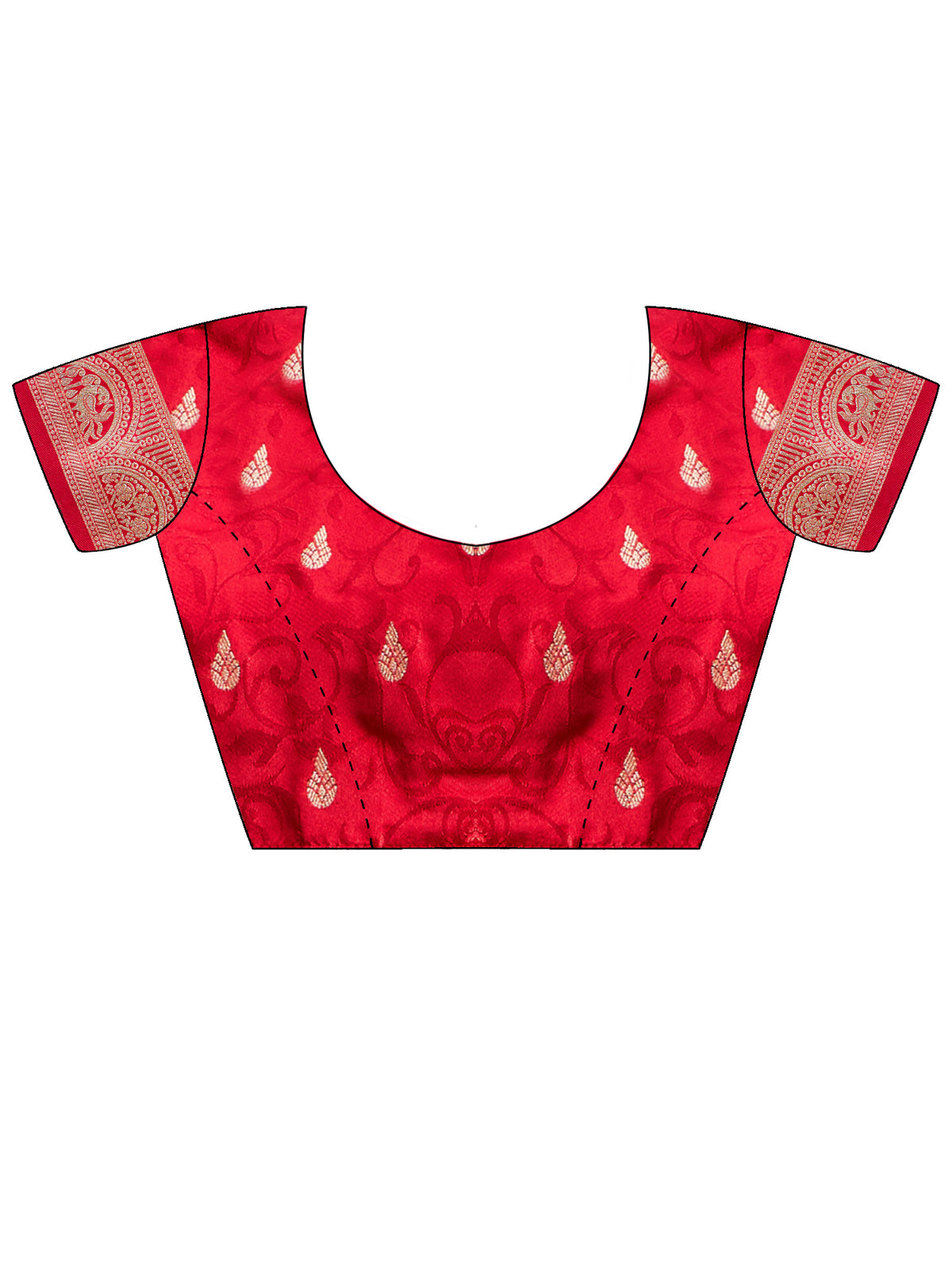 Unstitched red satin silk blouse piece with ethnic motif design