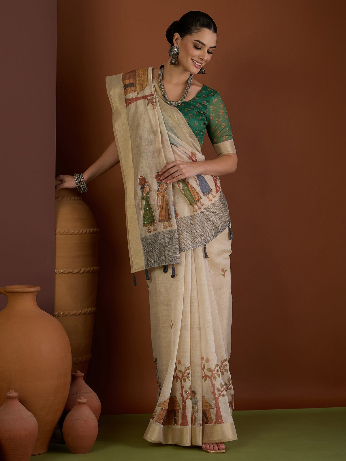 Beige linen blend saree view 4