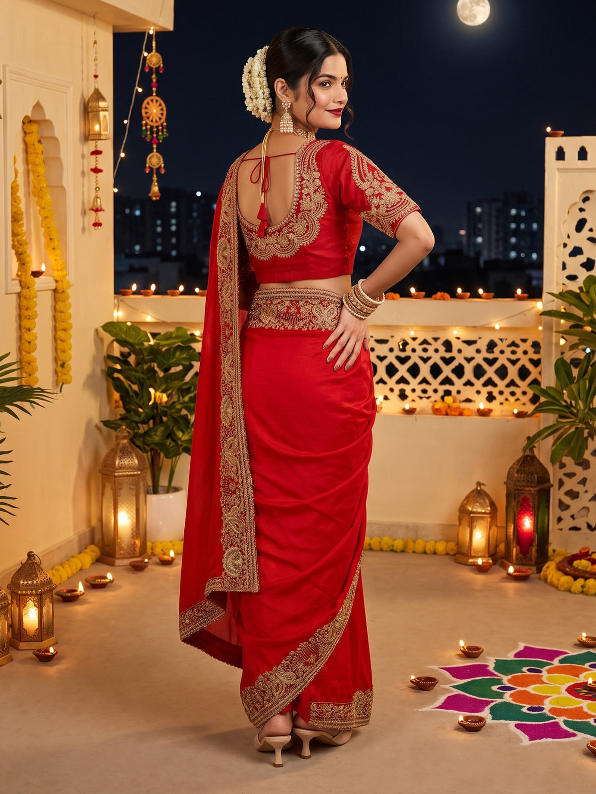 Red Satin saree – detail view 2