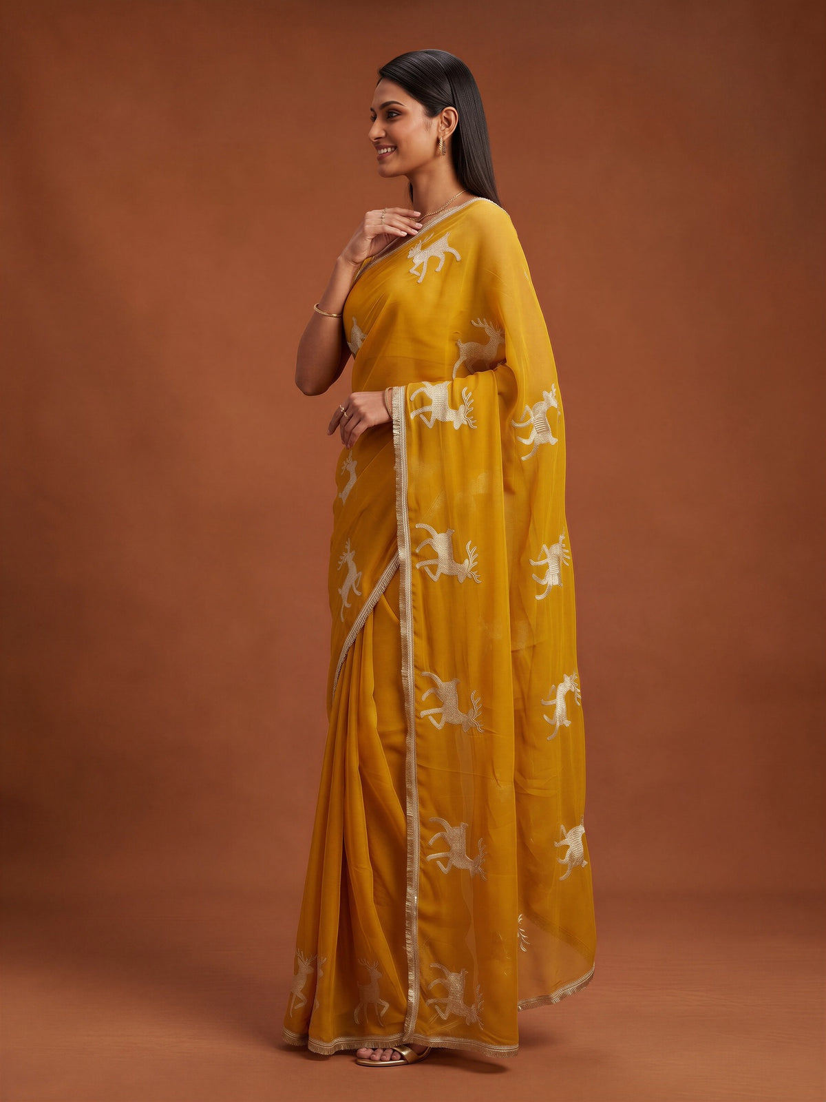 Mustard Georgette saree – detail view 2