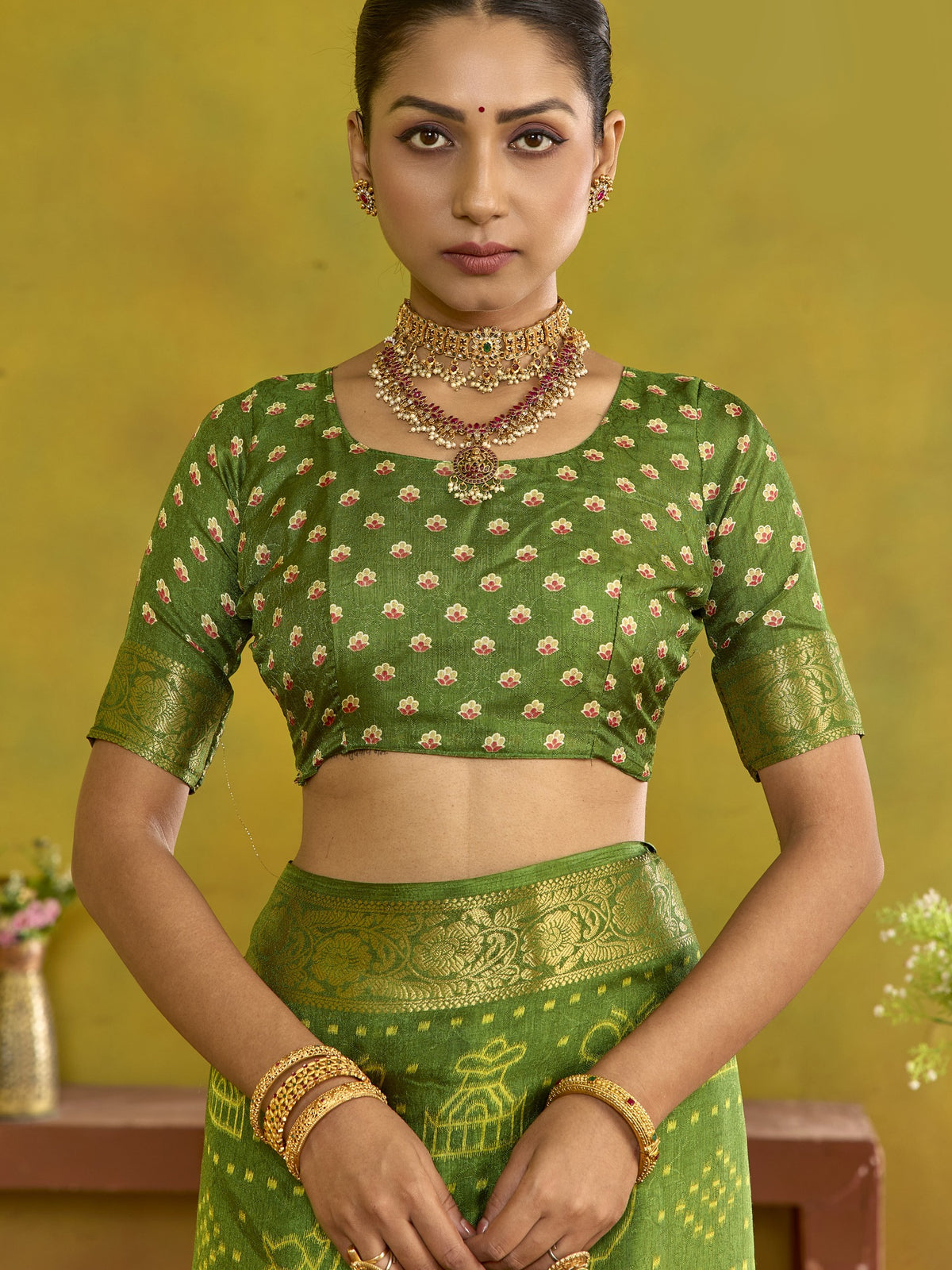 Olive tussar silk saree view 4