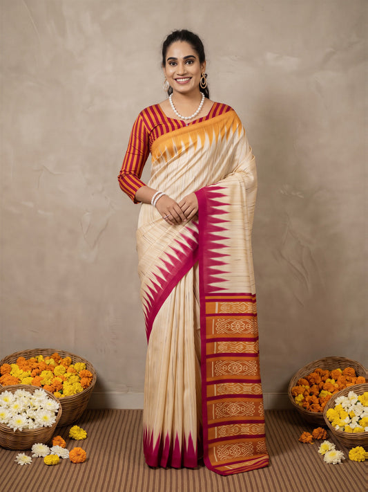 Woman wearing beige bhagalpuri silk saree with ikat resist-dyed pattern and mustard blouse