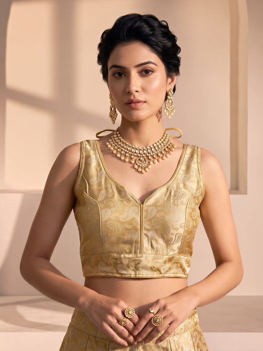 Gold woven brocade silk blend sleeveless readymade saree blouse with v neck