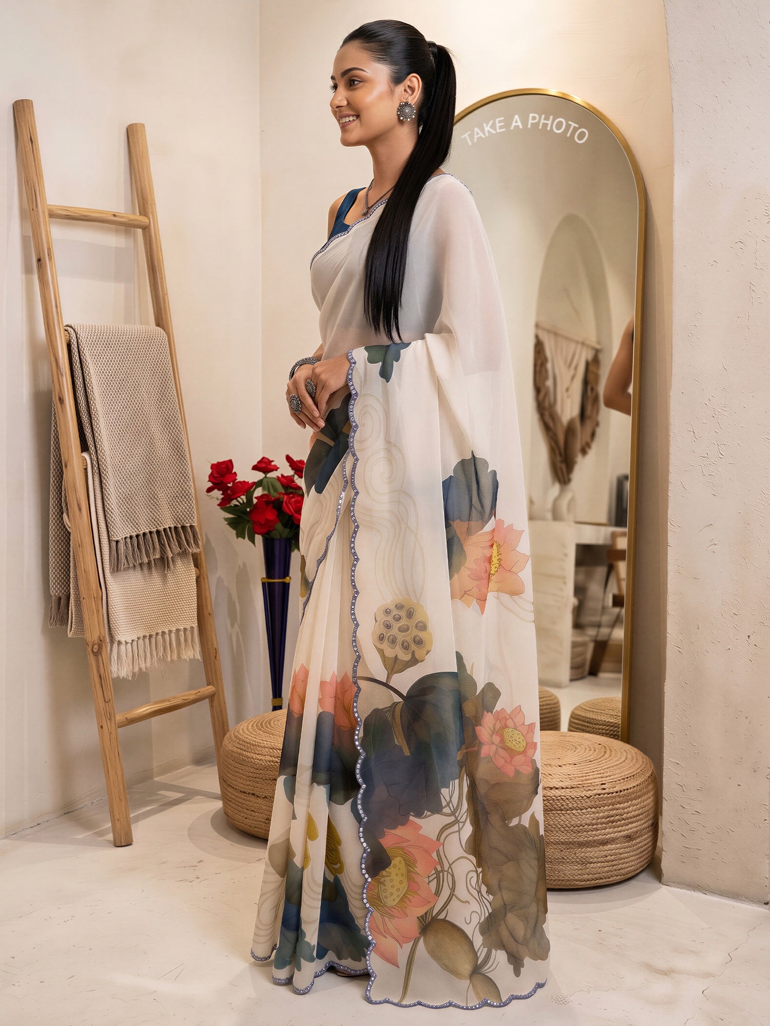Cream Poly Chiffon saree – detail view 2