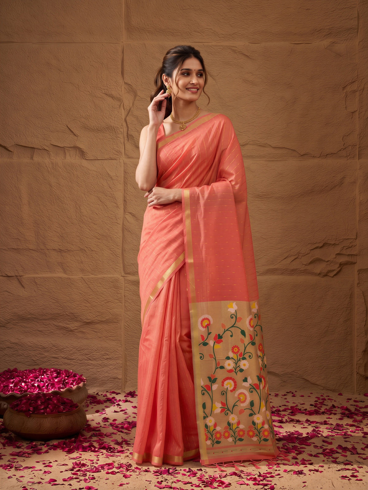 Peach striped silk blend saree with peach blouse piece