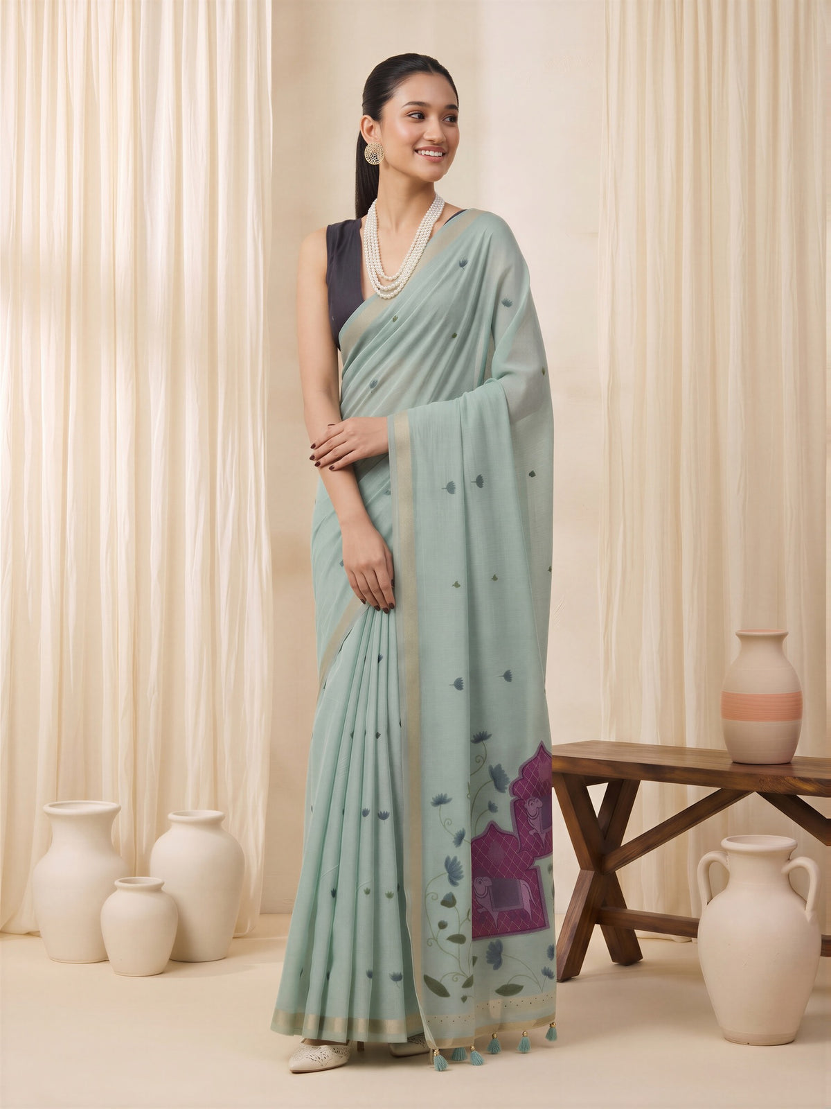 Teal Blue Pure Cotton saree – detail view 2