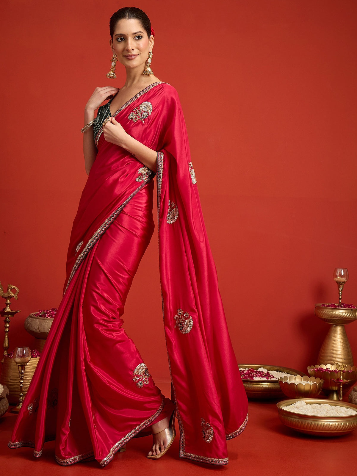 Pink satin silk saree view 1