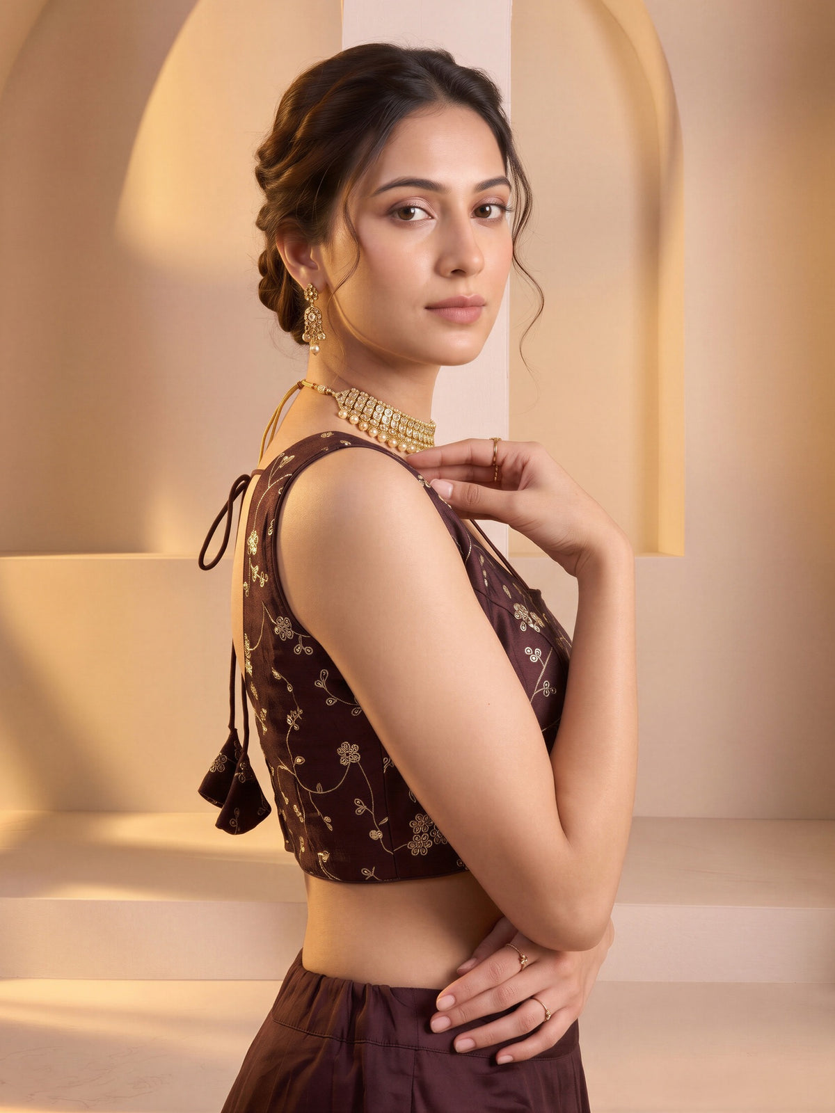 Dark Brown sequin embroidered vichitra silk sleeveless readymade saree blouse with round neck view 2