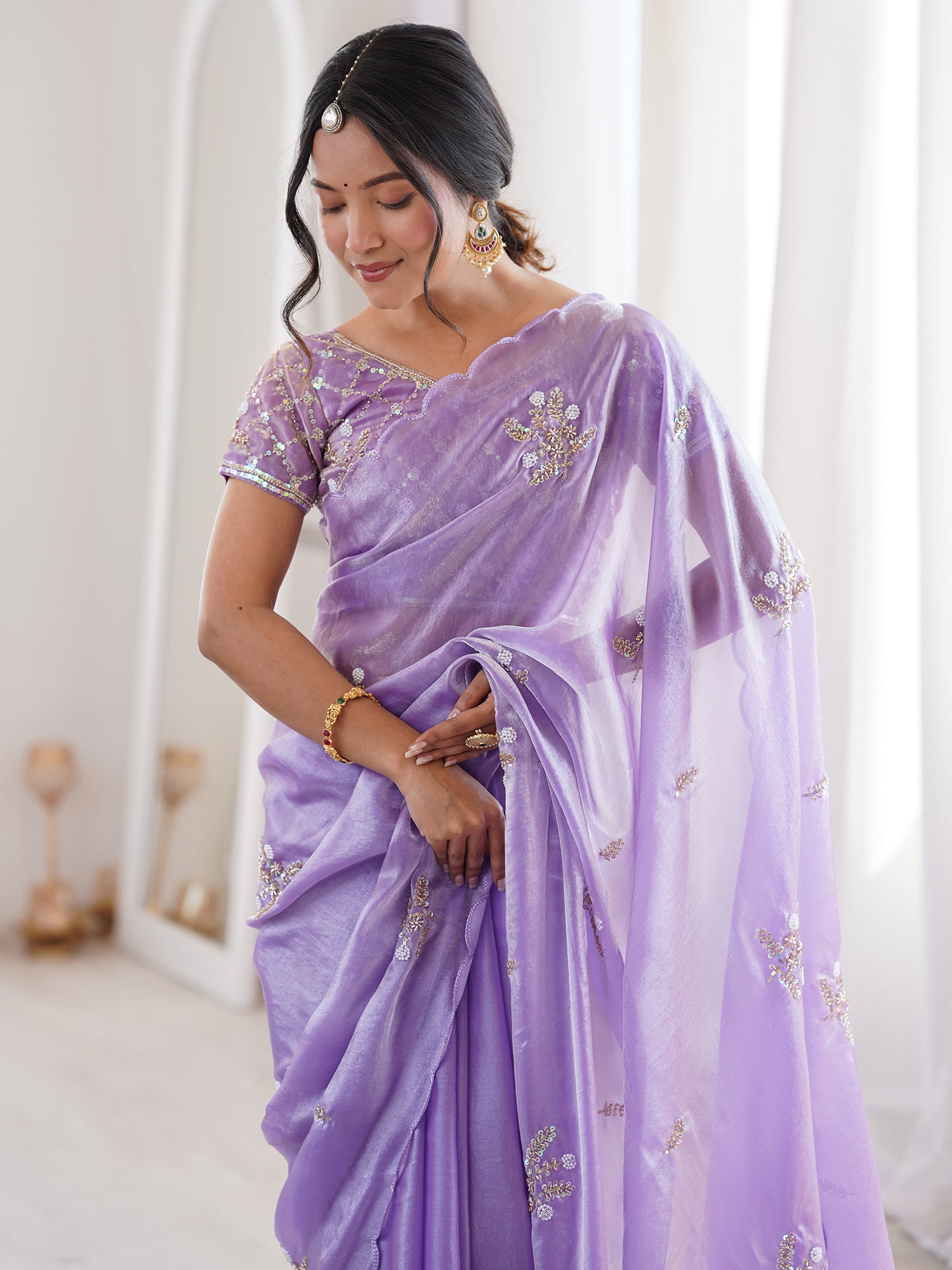 Lavender Satin saree – detail view 3