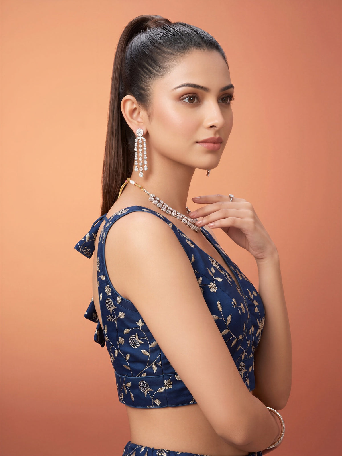 Teal Blue sequin embellished silk blend sleeveless readymade saree blouse with v neck view 2