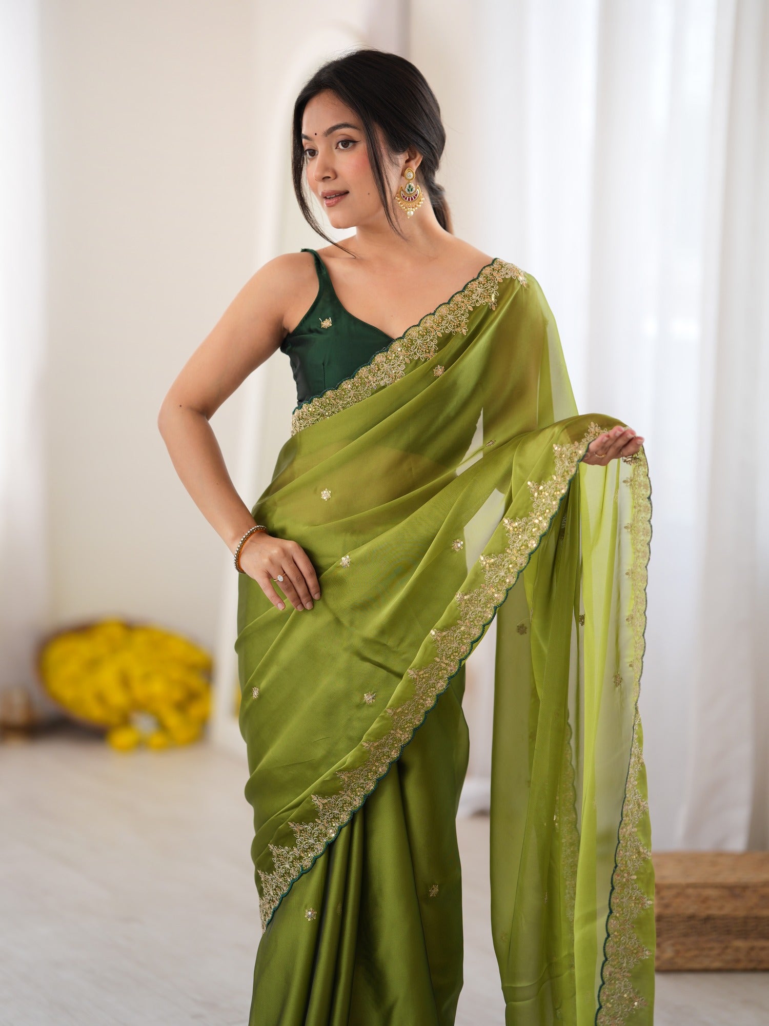 Olive Georgette saree – detail view 1
