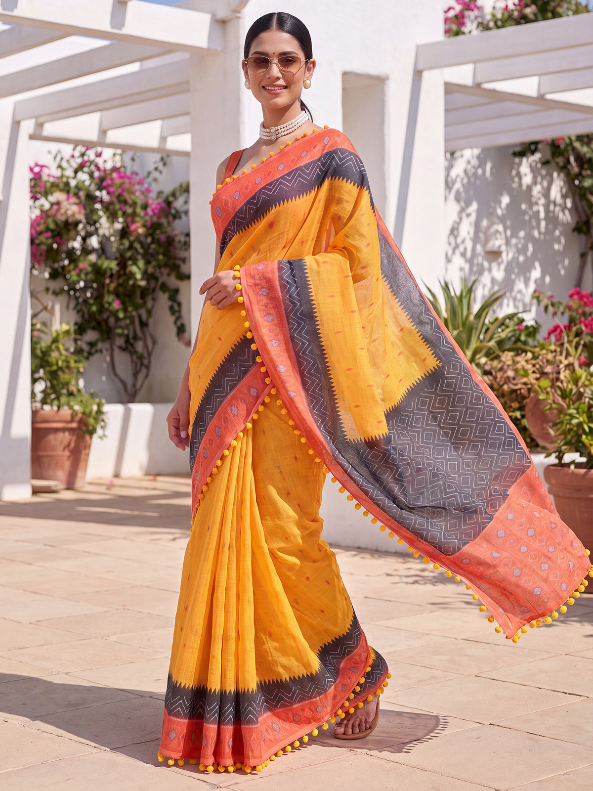 Orange Cotton Linen saree – detail view 3