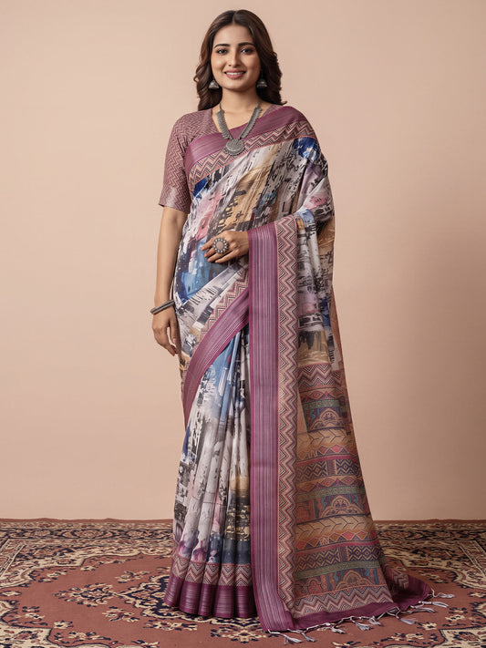 Woman wearing multicolored linen saree with abstract contemporary design and mauve blouse