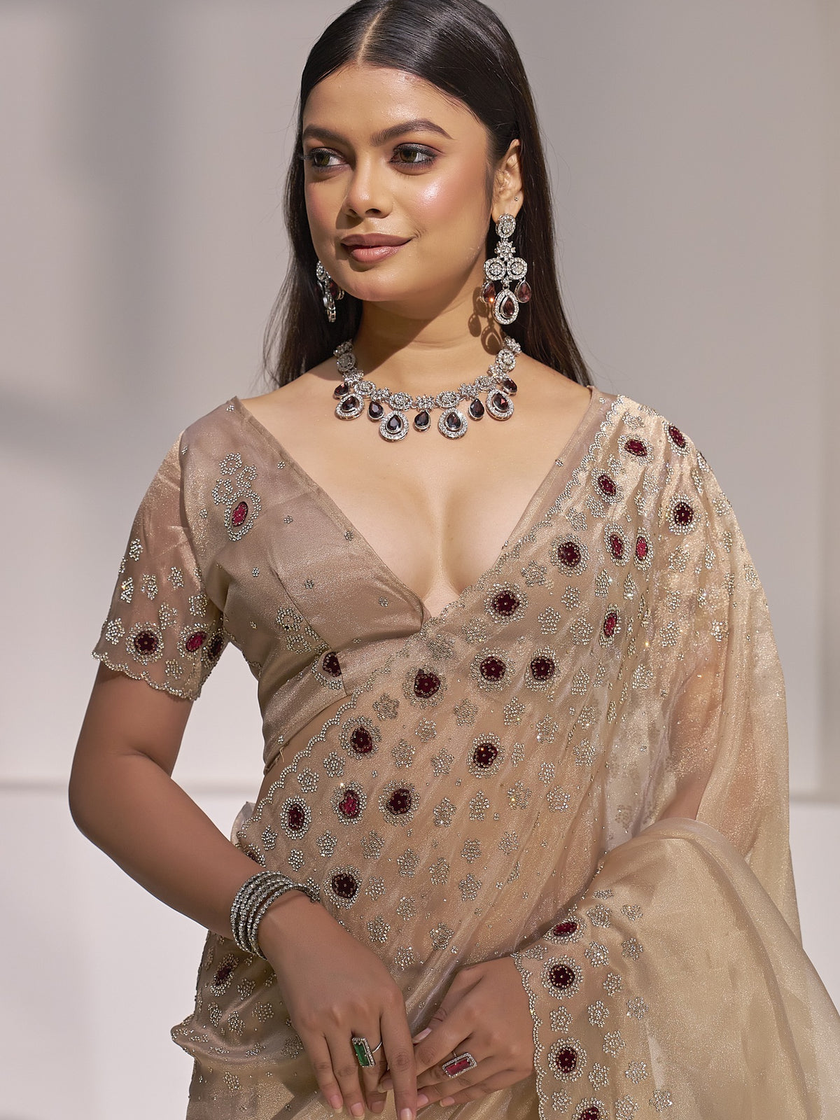 Champagne organza saree view 3