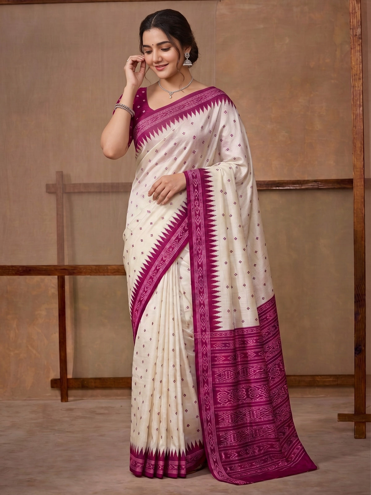 Off White tussar silk saree view 3
