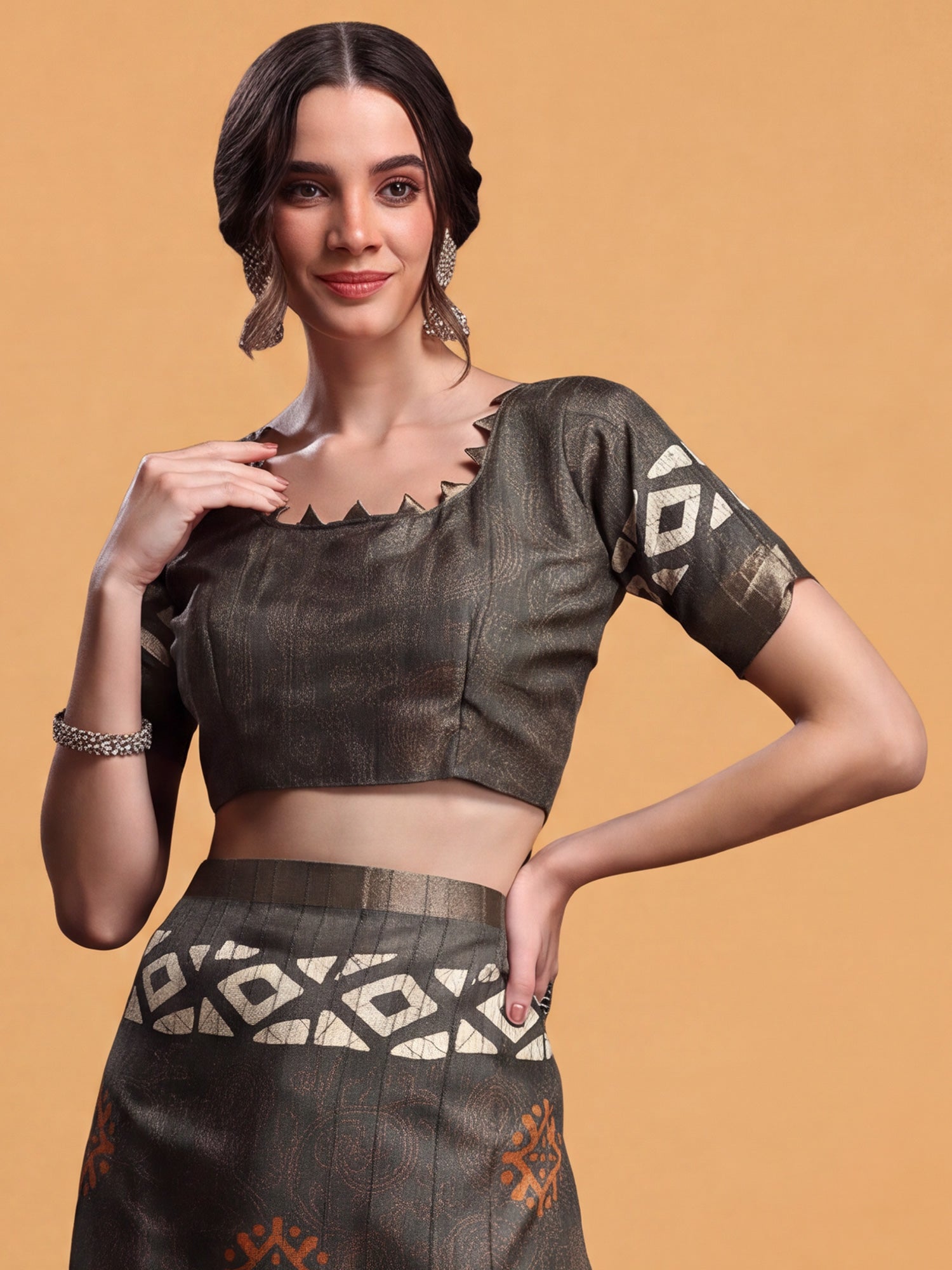 Unstitched olive silk blend blouse piece with block prints design