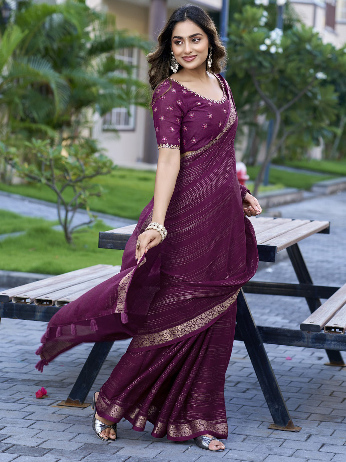 Wine jacquard saree view 1