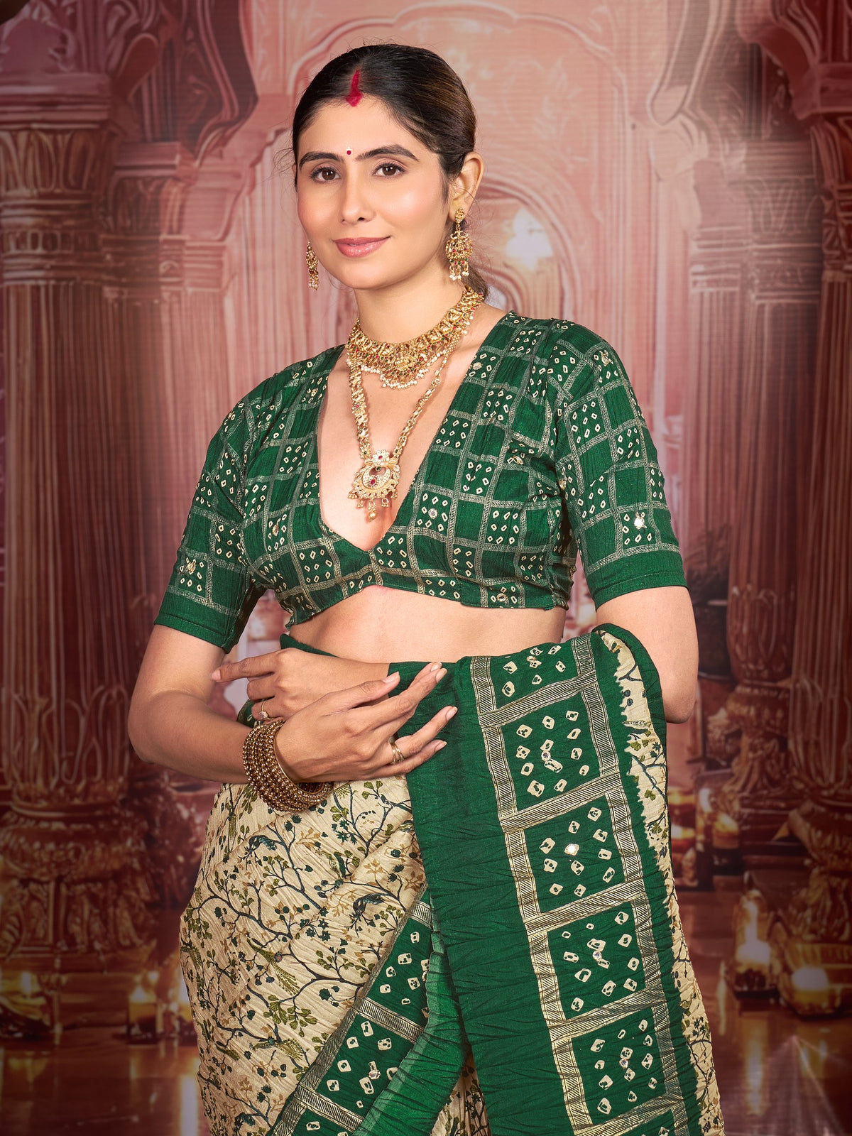 Cream tussar silk saree view 1