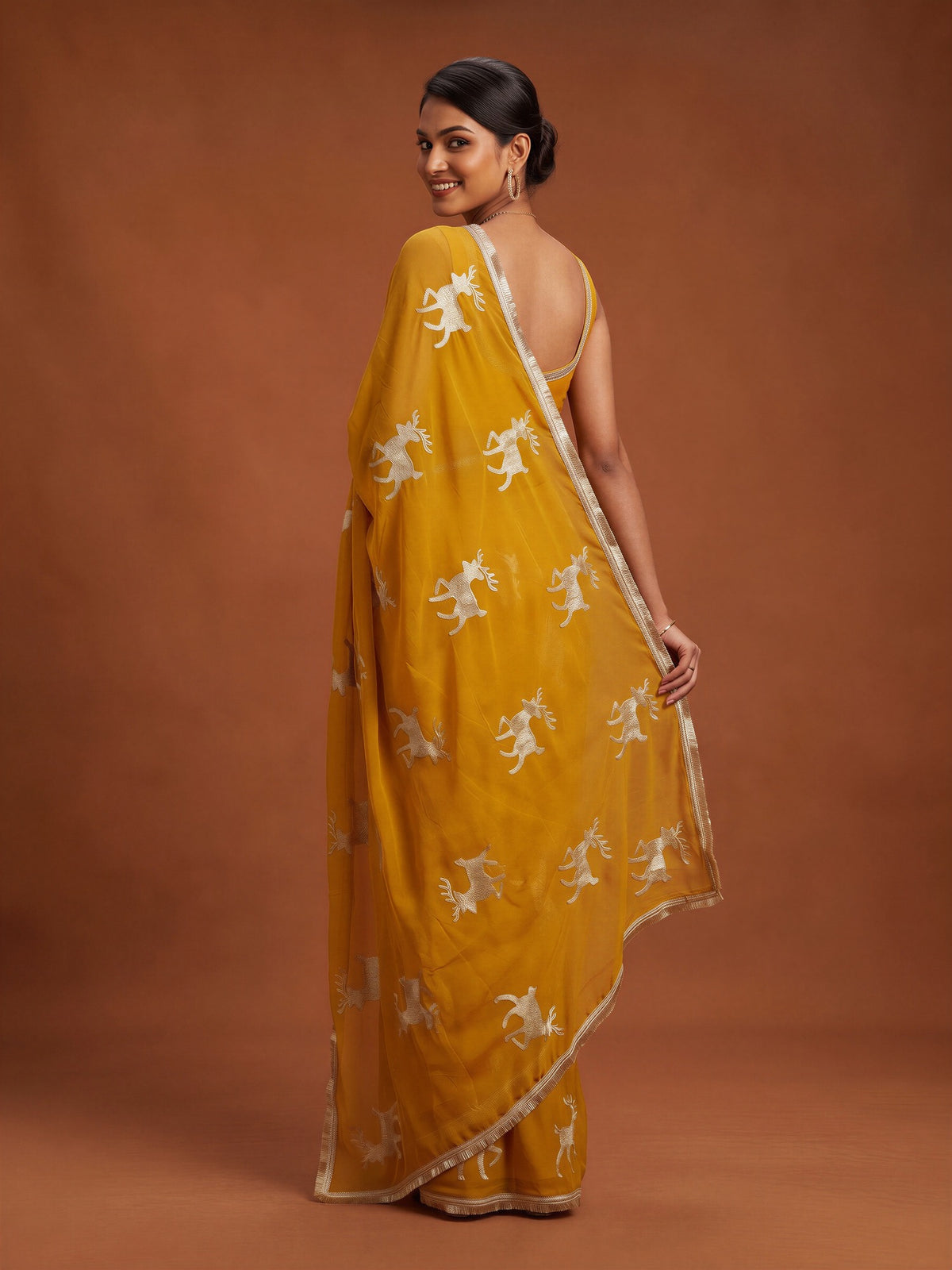 Mustard Georgette saree – detail view 1