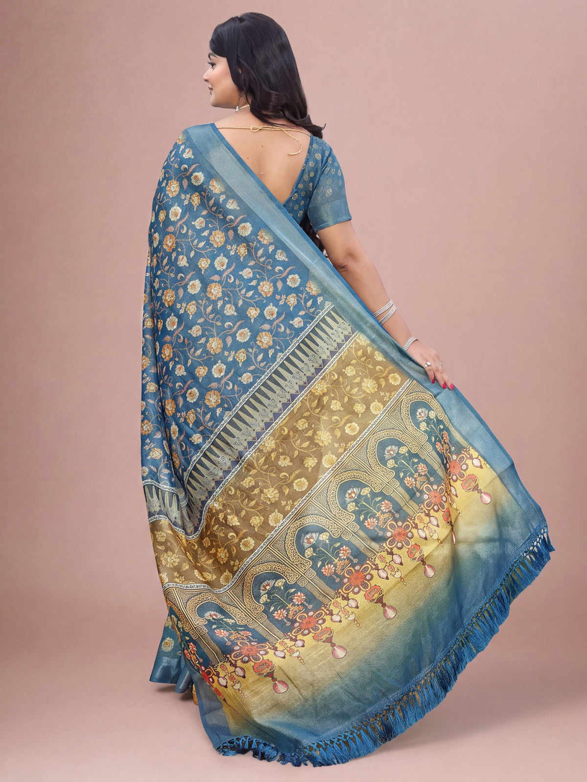 Teal Blue Cotton Silk saree – detail view 4