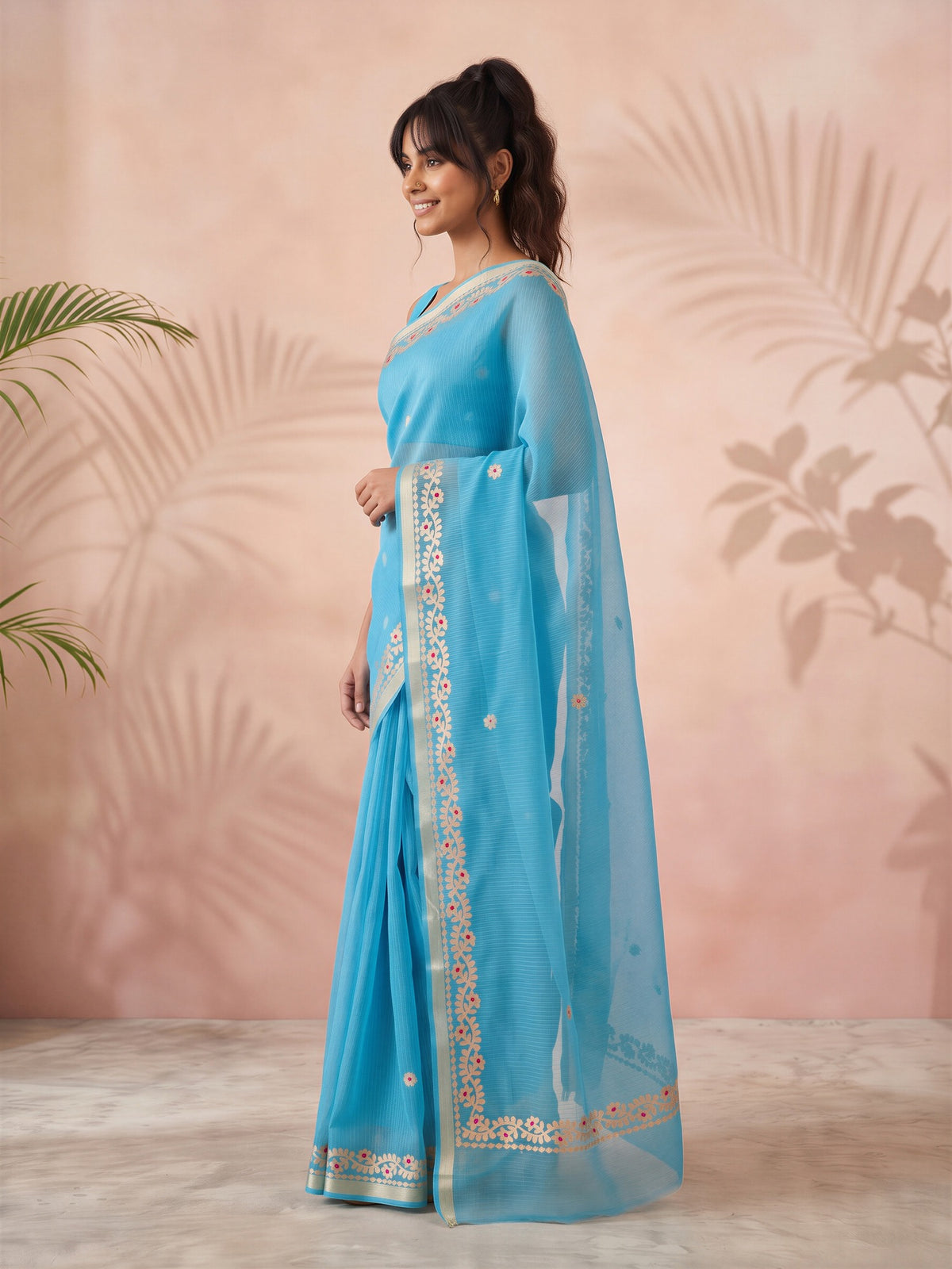 Turquoise Blue Kota Doria Cotton saree – detail view 2