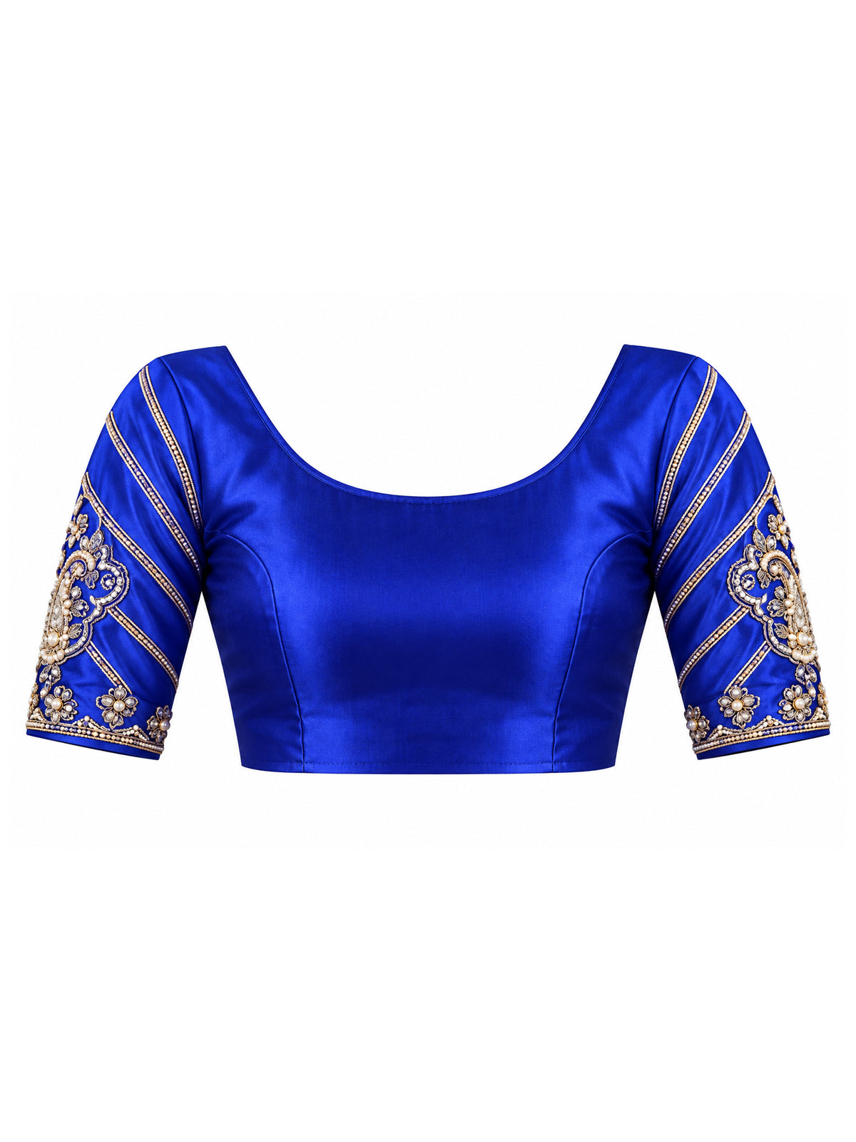 Unstitched blue satin silk blouse piece with embellished design