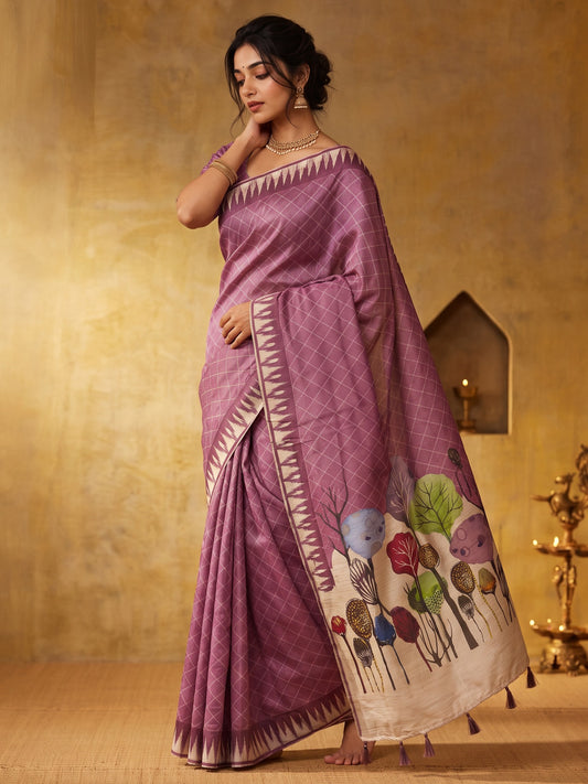 Mauve geometric soft silk saree with mauve blouse piece