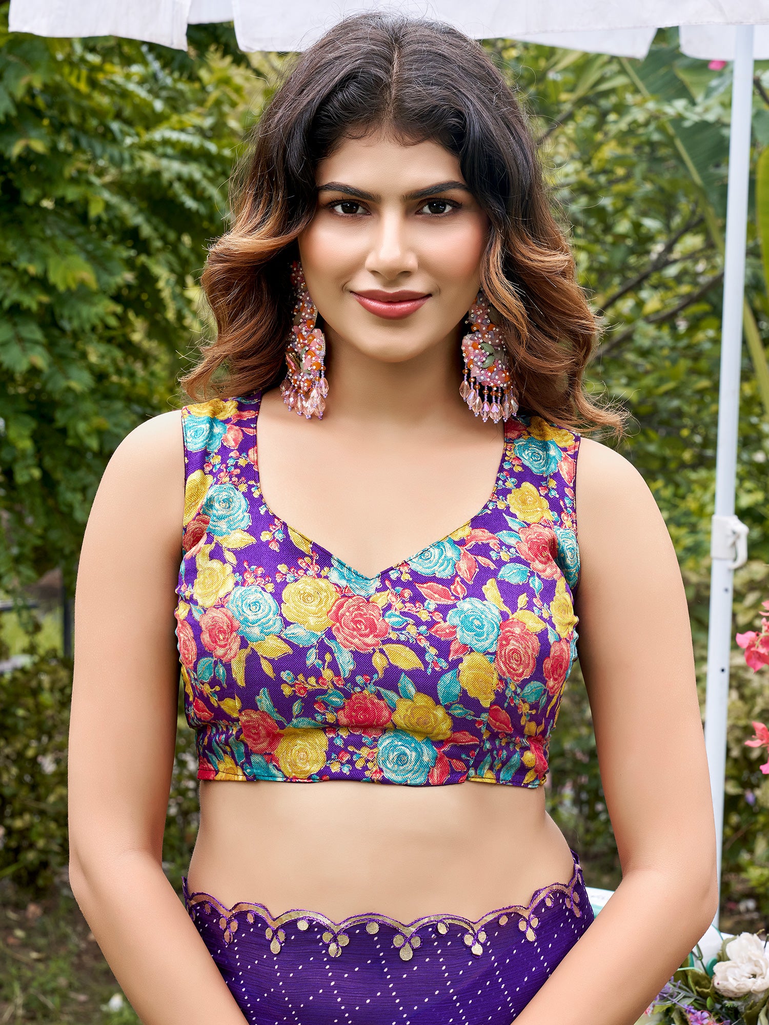 Unstitched multicolored pashmina silk blouse piece with floral design