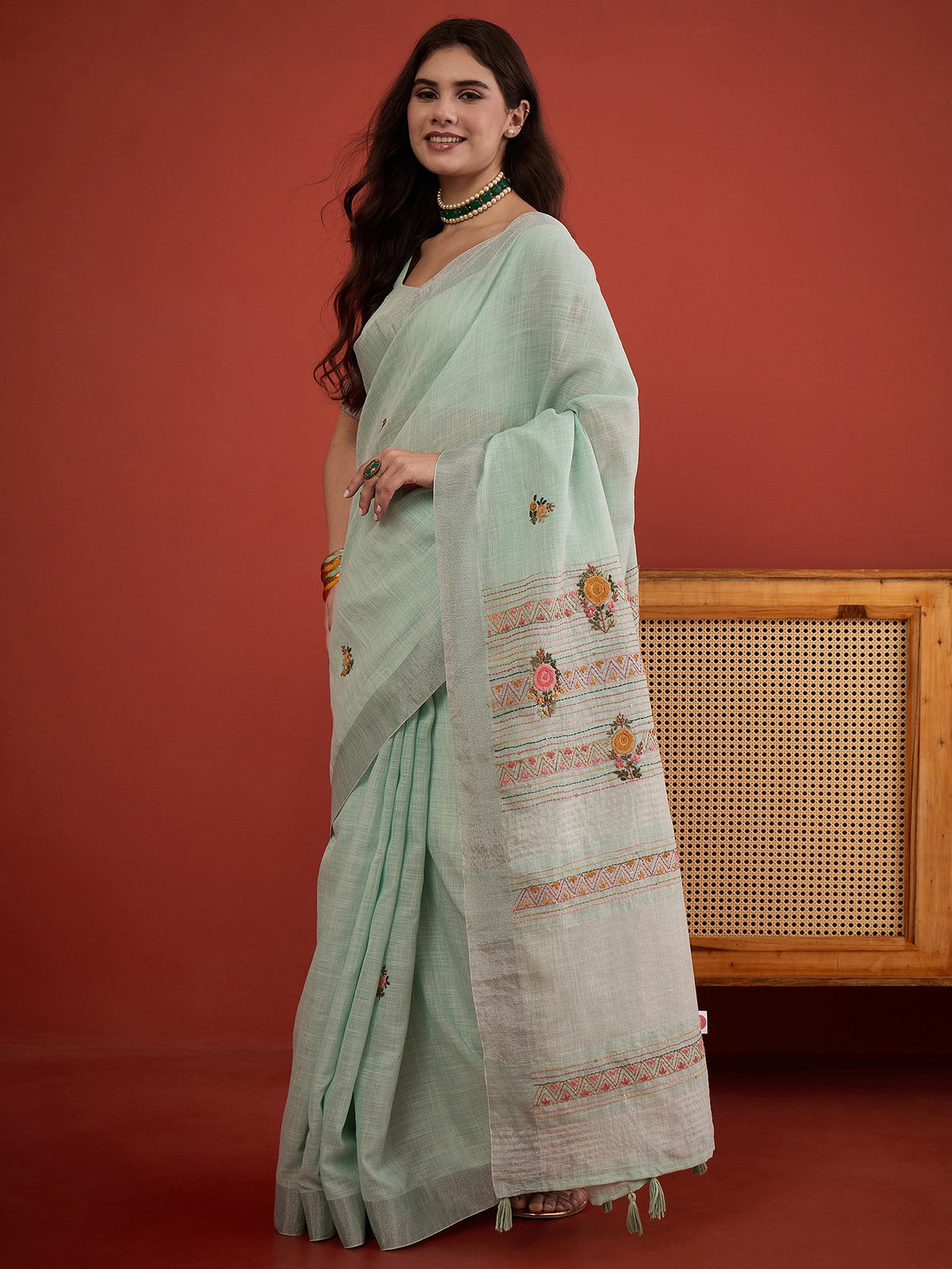 Light Blue linen blend saree view 3
