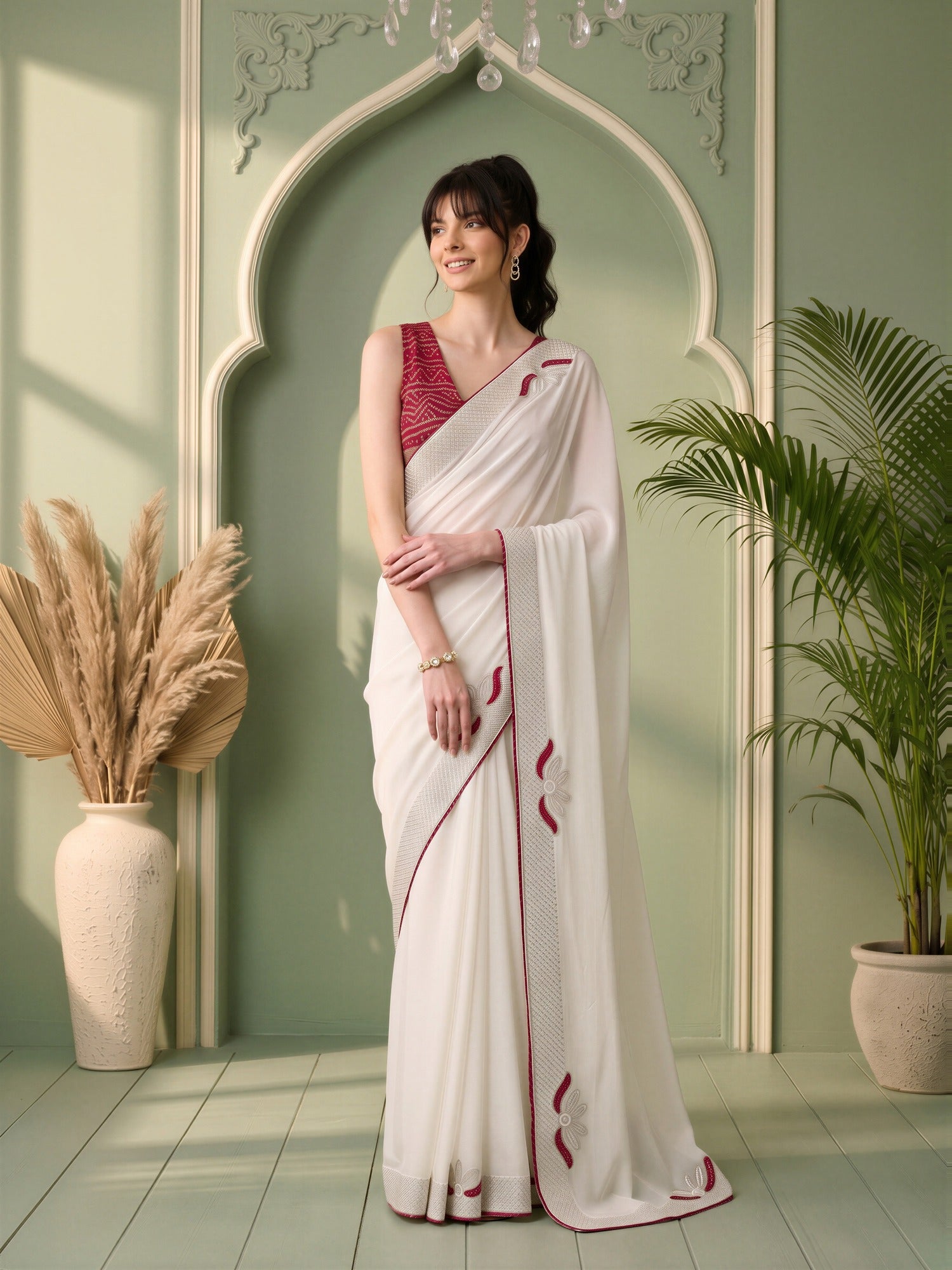 White Vichitra Silk saree – detail view 3