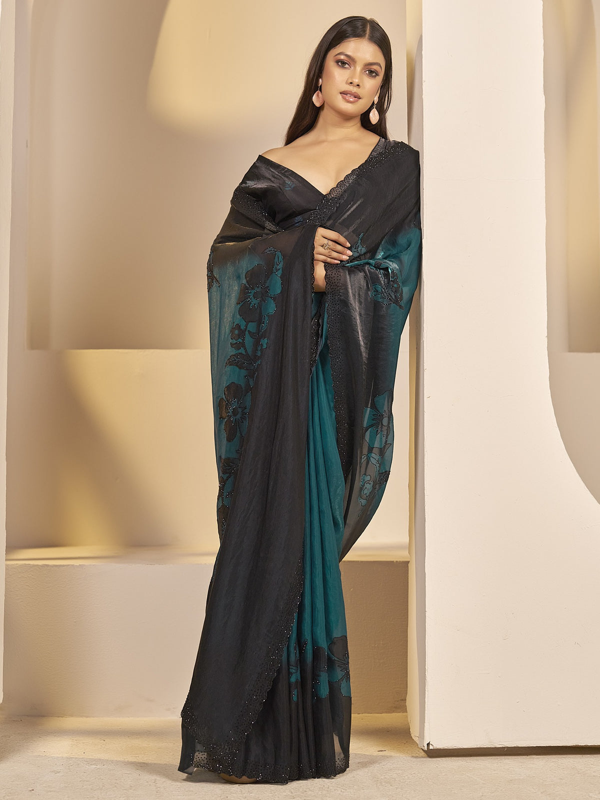Teal satin silk saree view 3