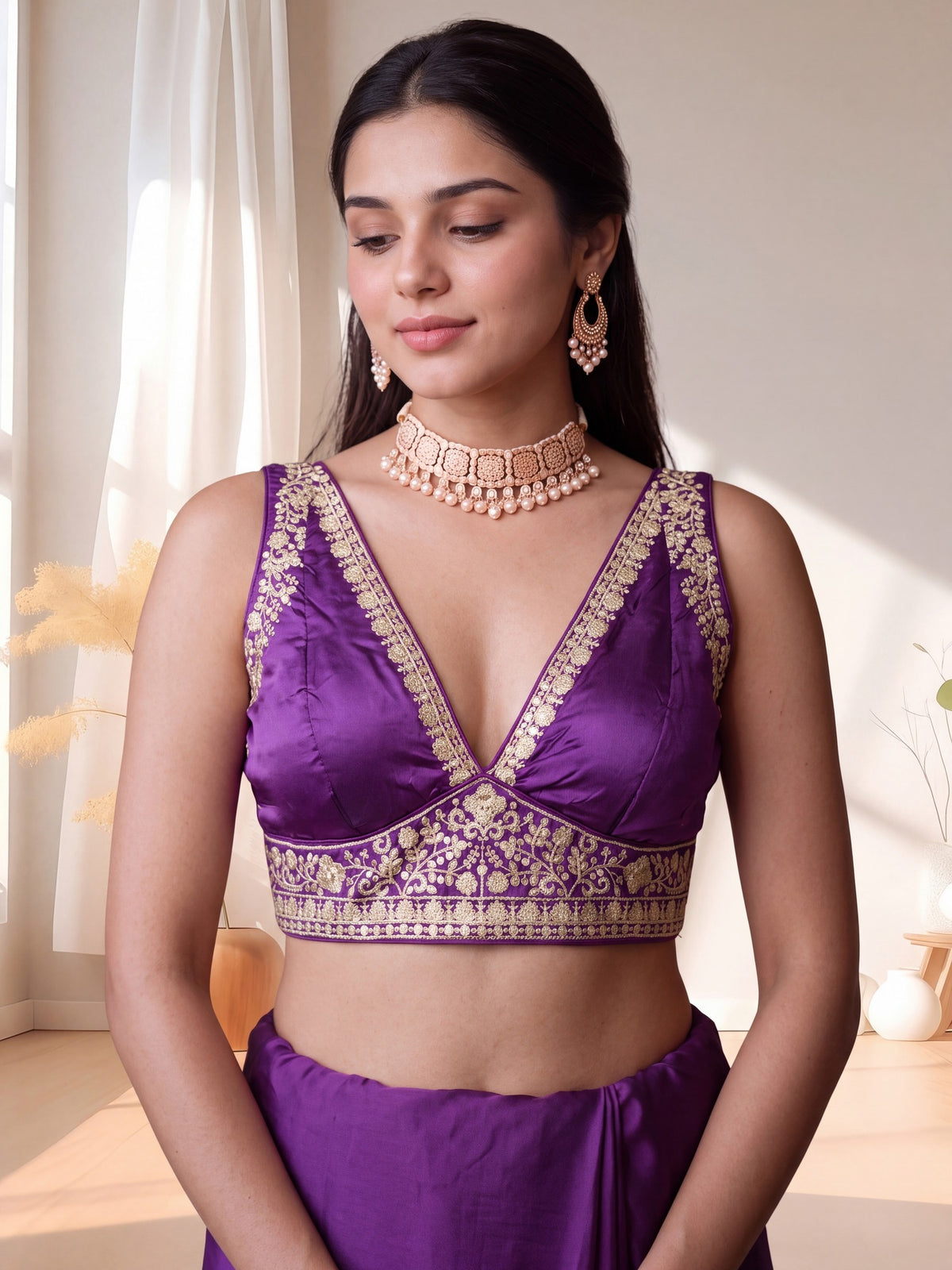 Violet sequin embellished silk blend sleeveless readymade saree blouse with deep v neck view 4