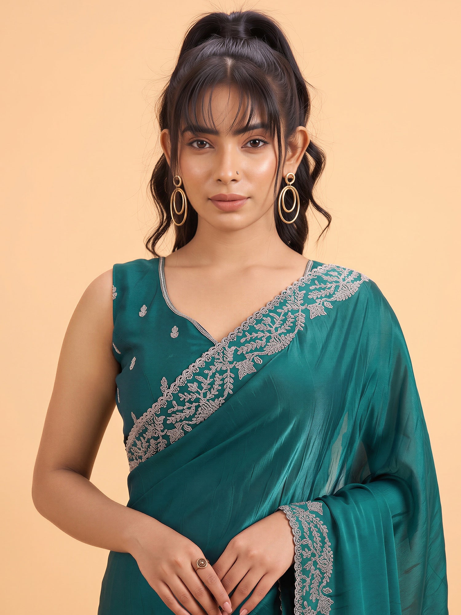 Teal Green Satin Silk saree – detail view 4