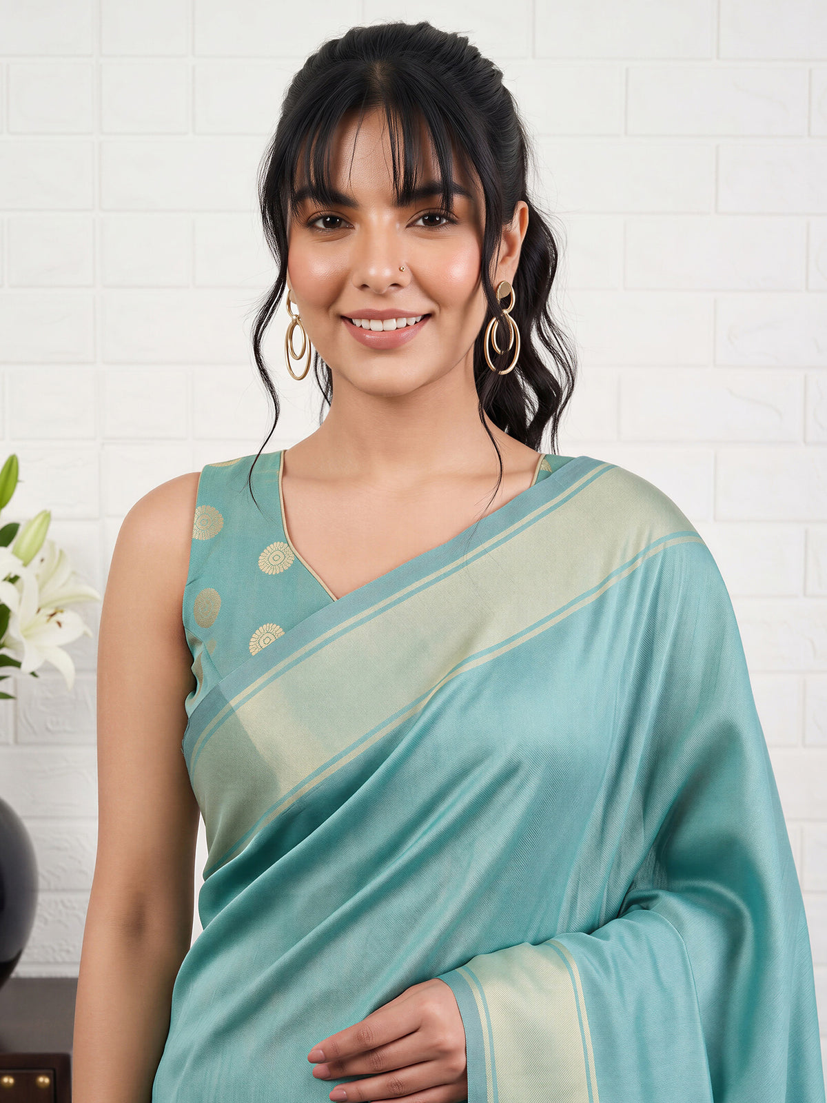 Turquoise Bhagalpuri Silk saree – detail view 4