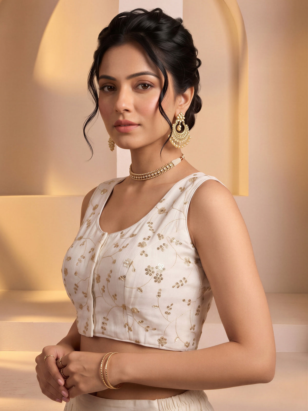 White sequin embroidered vichitra silk sleeveless readymade saree blouse with round neck view 2