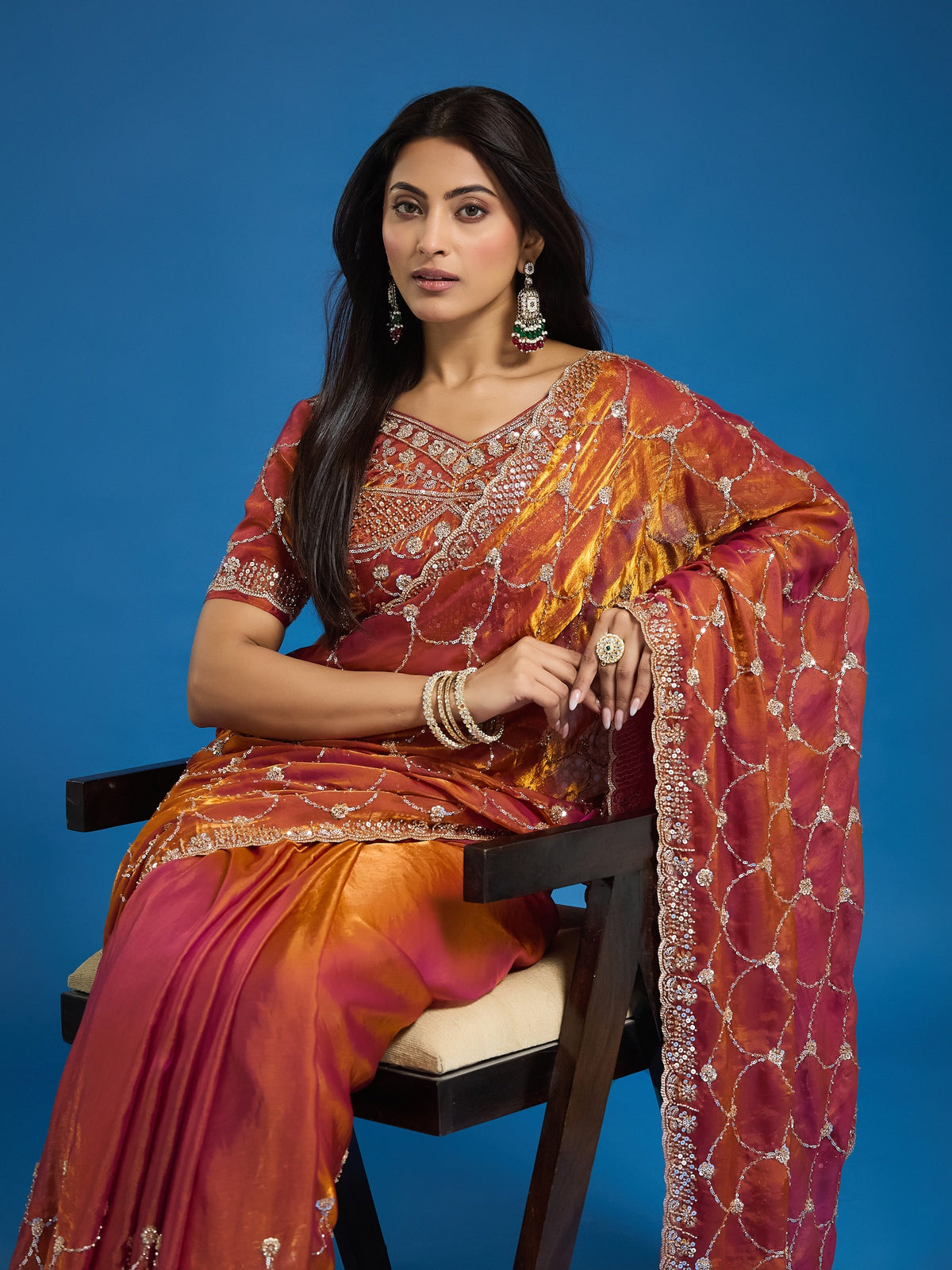 Orange Satin saree – detail view 2
