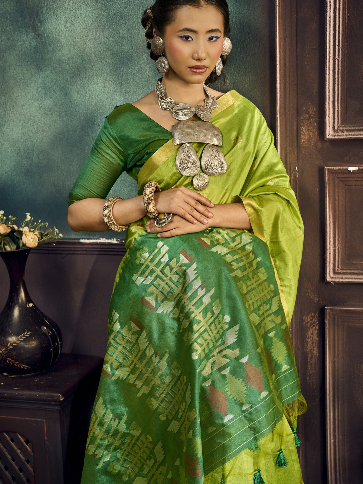 Light Green silk blend saree view 1