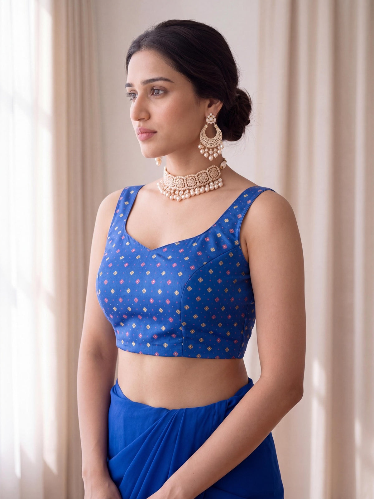 Turquoise Blue zari woven silk blend sleeveless readymade saree blouse with round neck view 2