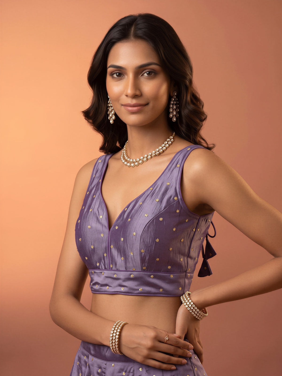 Mauve sequin embellished silk blend sleeveless readymade saree blouse with v neck view 3