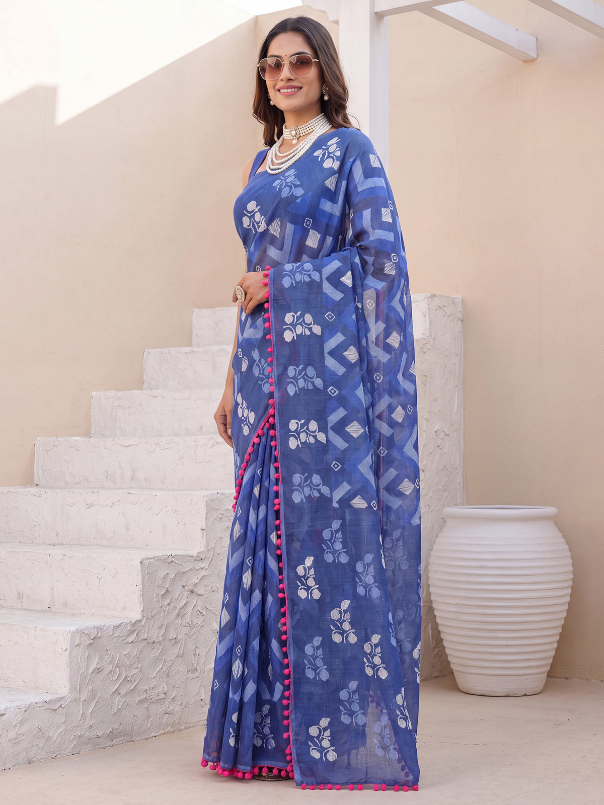 Navy Blue Cotton saree – detail view 2
