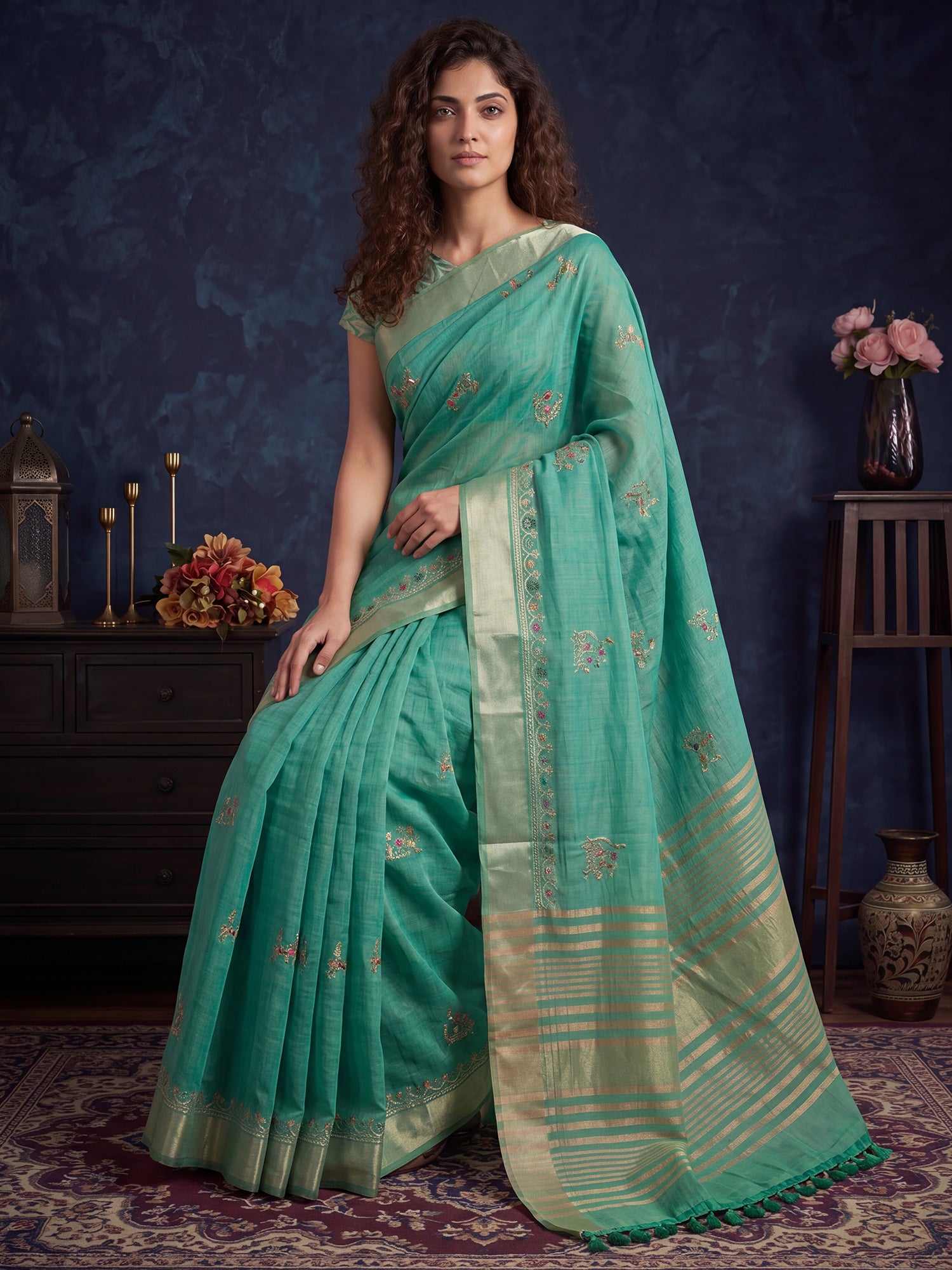 Sea Green Cotton Linen saree – detail view 3