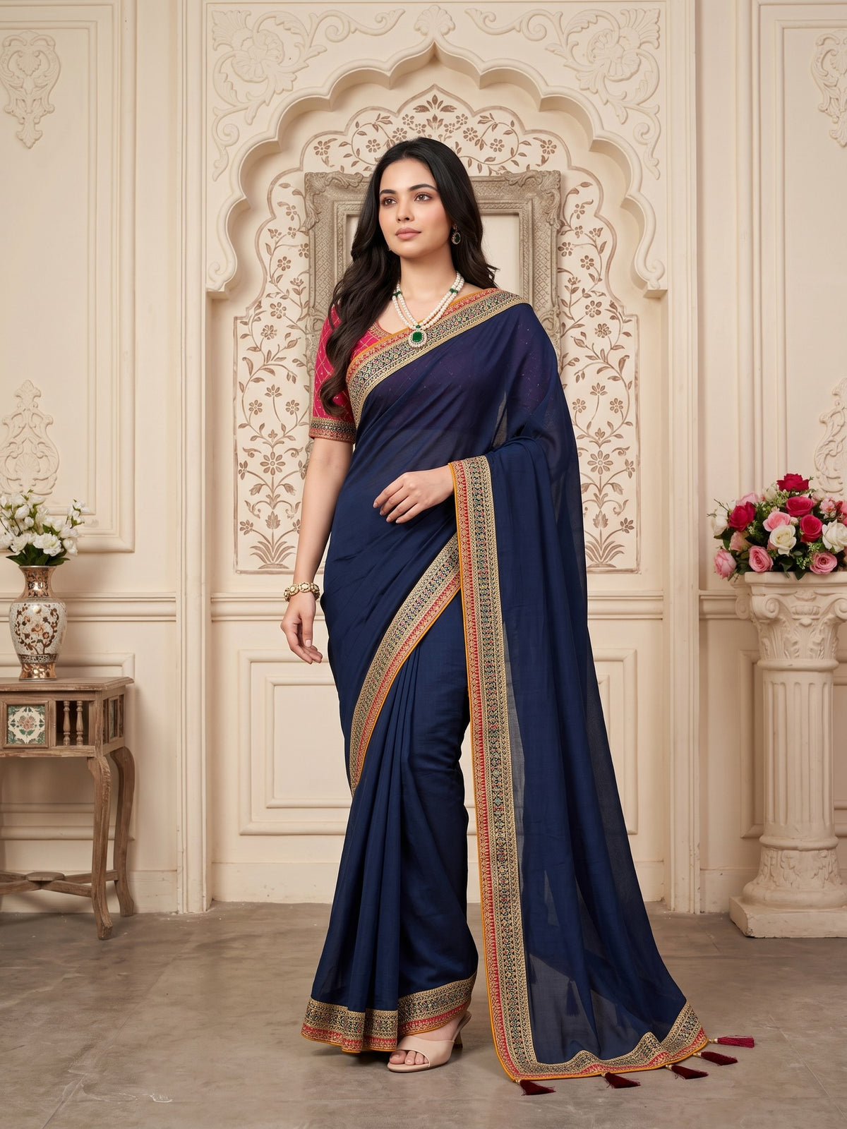 Woman wearing teal blue vichitra silk saree with clean solid-tone finish and maroon blouse
