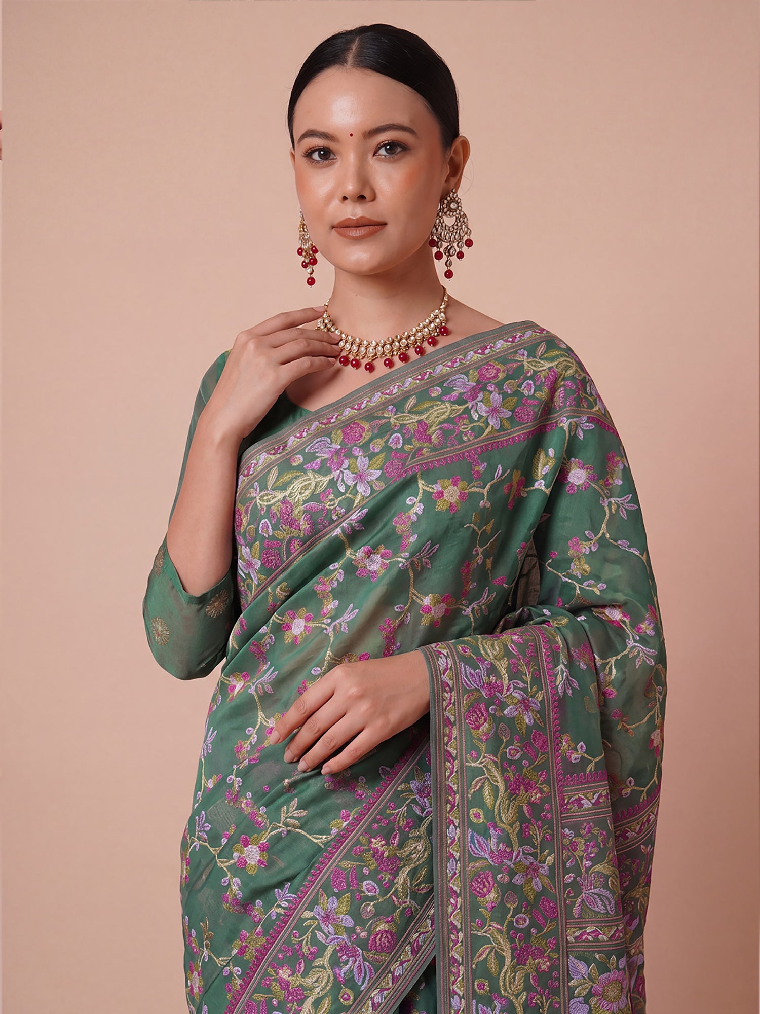 Tealgreen Organza saree – detail view 4
