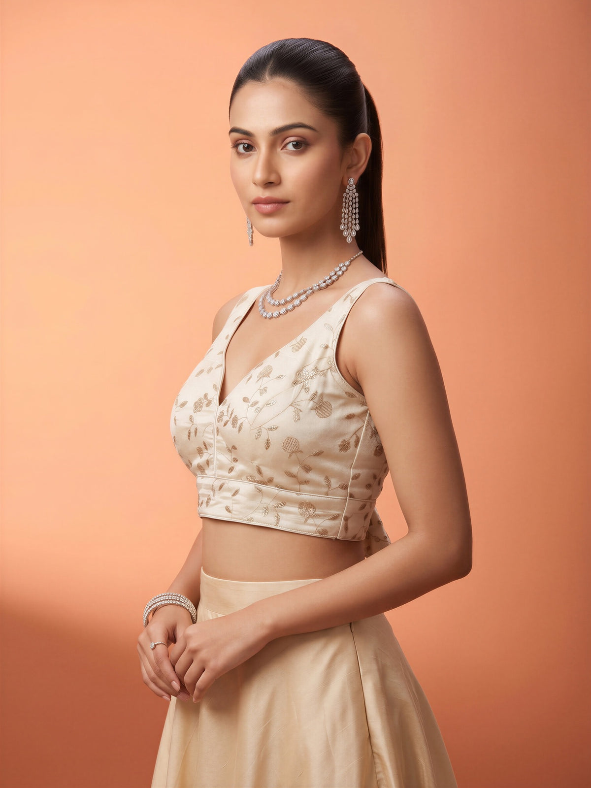 White sequin embellished silk blend sleeveless readymade saree blouse with v neck view 1